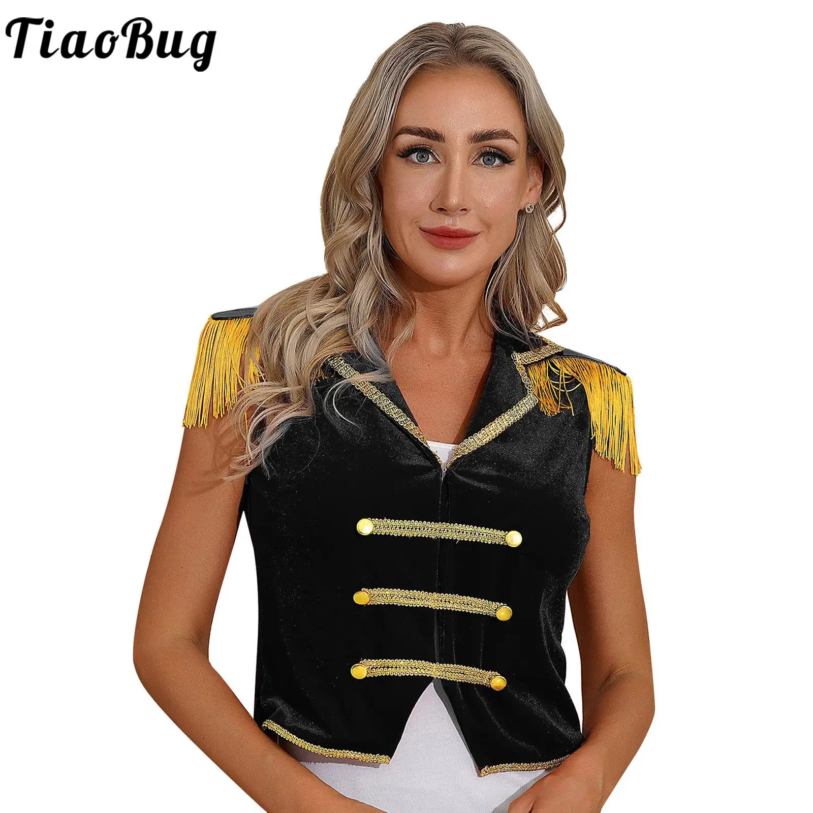 

Women Circus Show Waistcoat Sleeveless Lapel Tassels Velvet Vest Ringmaster Lion Tamer Cosplay Costume for Halloween Carnival