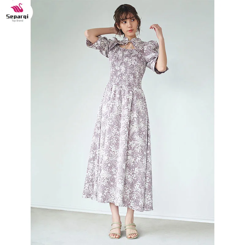 SPARQI Stand Collar Lace Up Hollow Out Half Flare Sleeve Vestidos Elasticity Empire Printed Slim Dress Japanese Gentle Robes