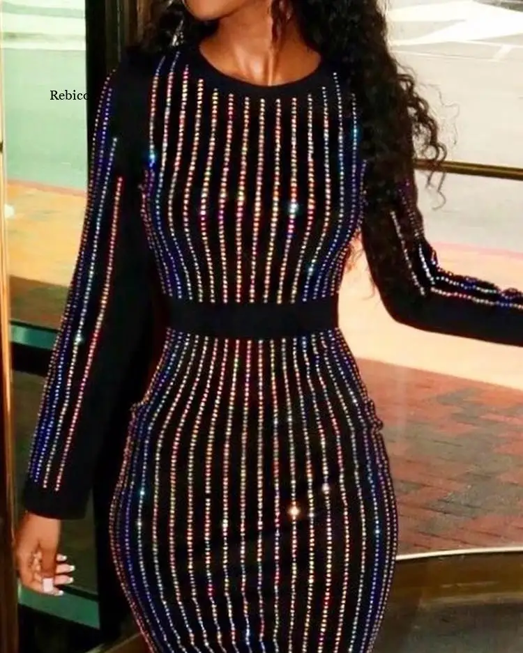 

Women Fashion Elegant Stripes Binding Long Sleeve Sequin Party Dress Sexy Round Neck Party Cocktail Sequins Dress