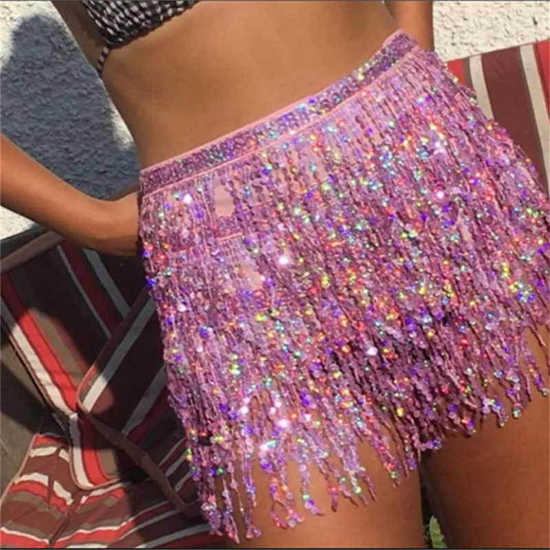 

Sequin Mini Skirtes 2021 Hot FASHION Women Belly Dancer Costume женские юбки Tassel Wrap Club Party Gift Drop Shipping
