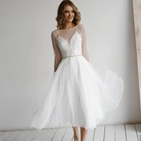 tixlear fashion beach wedding dress short 2022 long sheer sleeves beading tassel illusion neck backless bride gown tea length