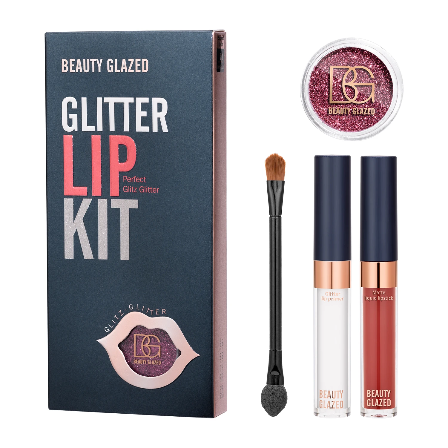 

Beauty Glazed 4 In 1 Glitter Lipkit With Primer Powder Matte Liquid Lipstick And Lip Brush