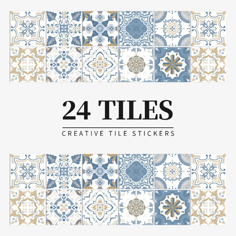 

24pcs 20CM*20cm Waterproof and Oilproof European Style Tile Stickers Kitchen Bathroom Wallpaper Bedroom Wall Room Decoration