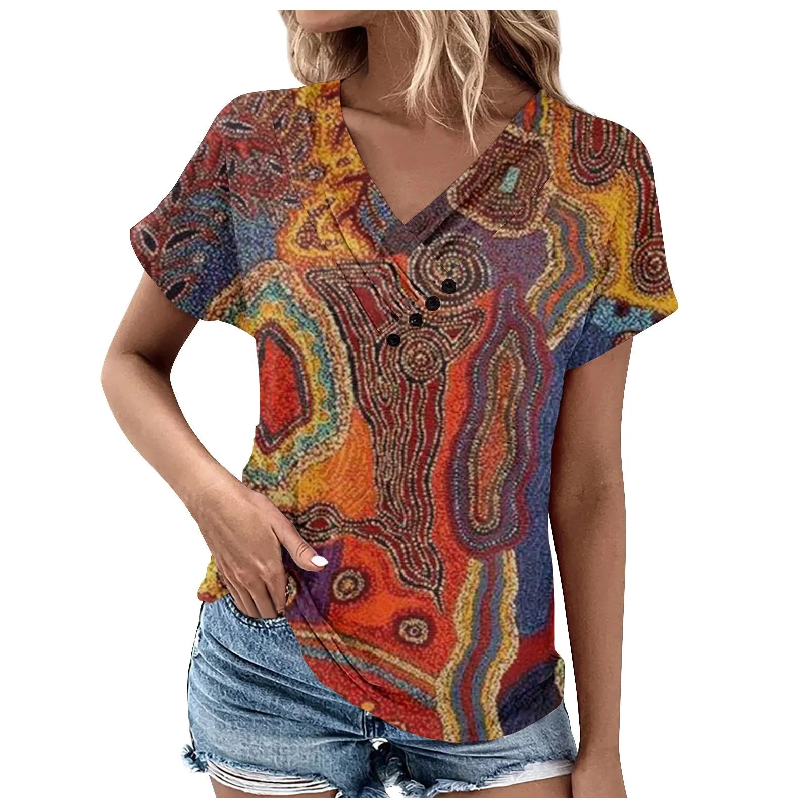 

Женская блузка с 3D-принтом, летняя винтажная блузка большого размера с коротким рукавом и V-образным вырезом, в стиле хиппи