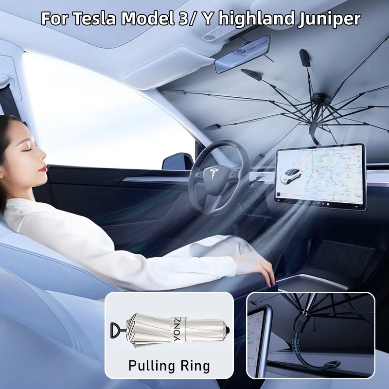 Фото Солнцезащитный зонт-шторка для Tesla Model 3/Y Juniper Highland, складной, для защиты от солнца и перегрева, изоляционный чехол-парасоль №1