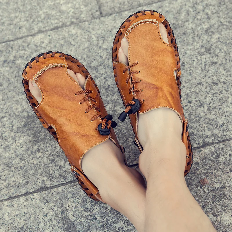 2023 Young Men's Fashion Trend Leisure Comfortable Soft Leather Hand Sewn Beach Sandals Anti-Slip And Wear-Resistant