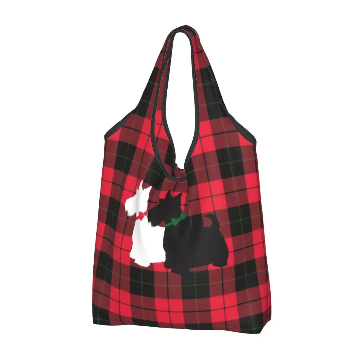 

Kawaii Tartan Scottie Dog Shopping Tote Bag Portable Scottish Terrier Groceries Shopper Shoulder Bag