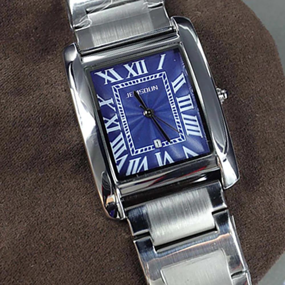

Blue Dial Original Quartz Watches Men Classic Fshion Square Tank Simple Watch Automatic Date Jewelry Clocks Relogio Masculino