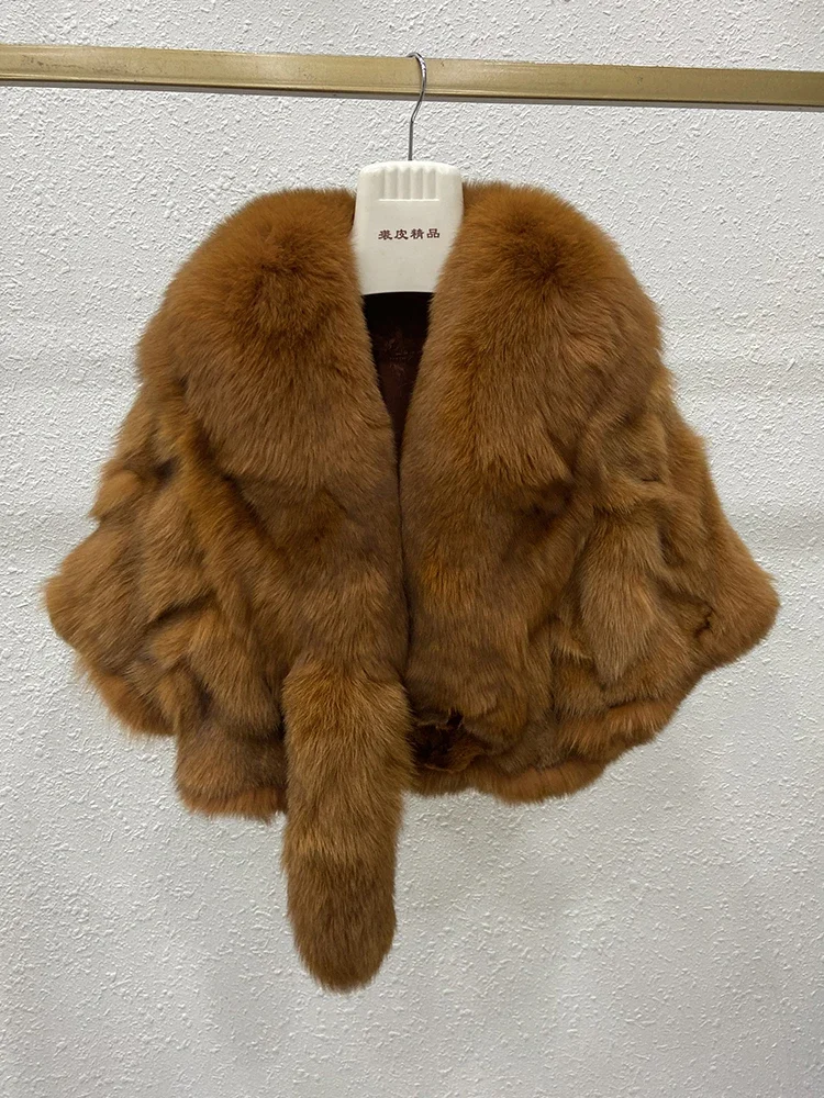 

2023 Women Winter Thick Warm 100% Real Fox Fur Wedding Cloak Female Natural Fox Fur Collar Cloak Short Sleeve Fox Fur Outwear