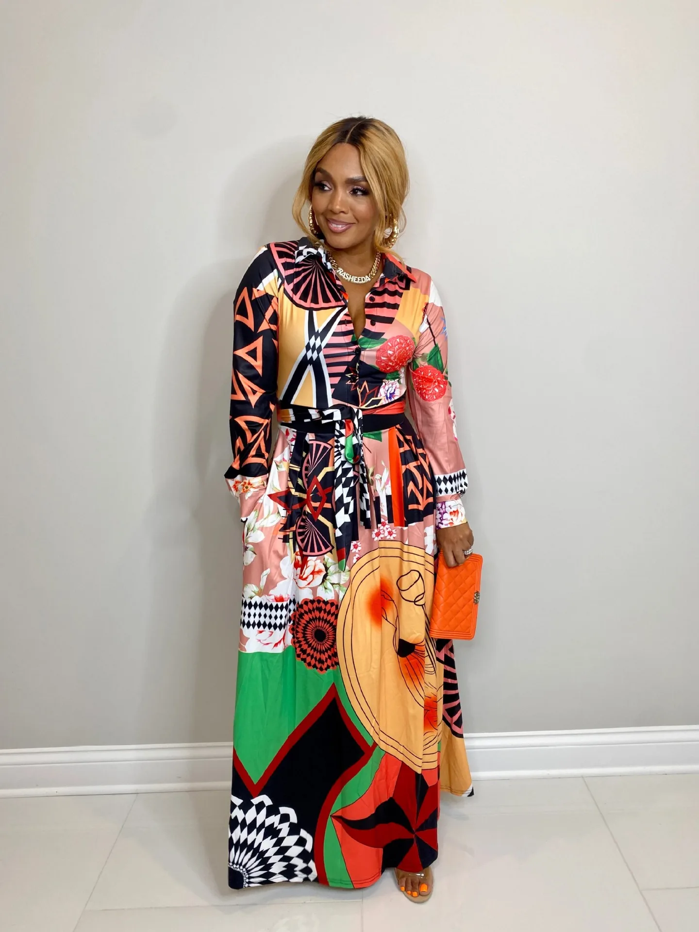 

Женское винтажное платье на пуговицах, длинное платье-рубашка с отложным воротником и принтом, Повседневное платье-макси в богемном стиле, ...