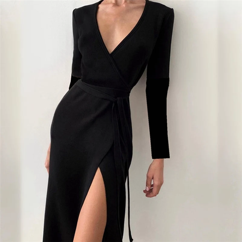 

NibberEuropean And American-StyleVCollar Waist Slimming Mid-Length High Slit Sexy Long Sleeve Black Elegant Dress Autumn