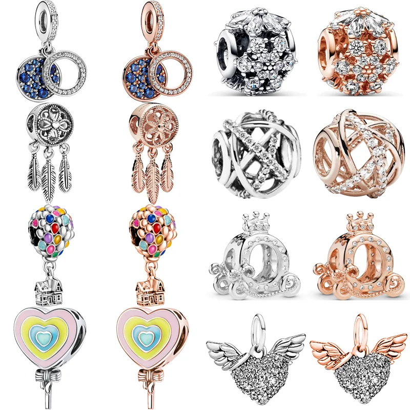 

New Rose Gold Color Dreamcatcher Hot Air Balloon House Crown Heart Bicolor Bead Fit Original Pandora Charm Silver Color Bracelet