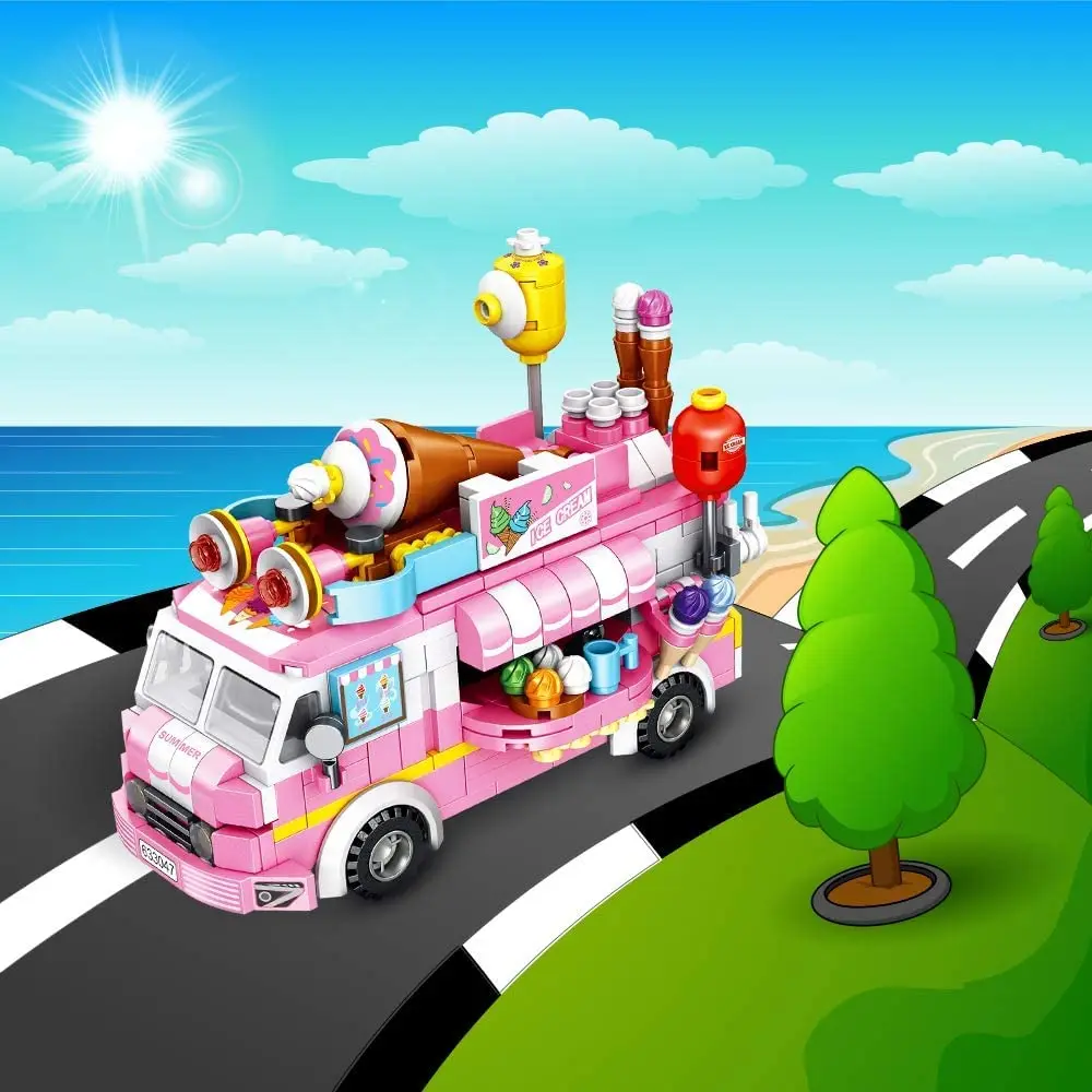 Pink City Friends Ice Cream Truck Street View Dining Car Mini Building Blocks Food Snacks Shop Bricks Toys For Children Girls images - 6