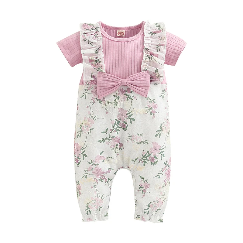 

2022 Baby Girls Jumpsuit Bowknot Round Neck Short Sleeve Ribbed Patchwork Jacquard Floral Printed Long Romper Infant Clothes