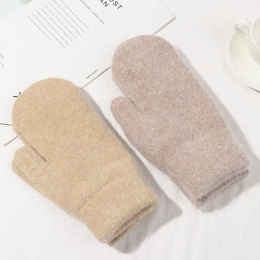 

Women Winter All Fingers Gloves Double-layer Rabbit Hair Gloves Female Winter Korean Version of Solid Color Girls Mittens