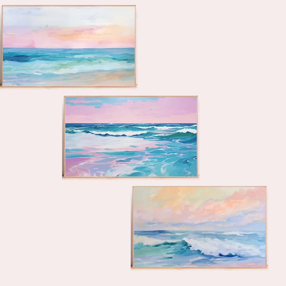 Пейзаж мечтательный розовый картина маслом маленькая девочка прогулка по морю