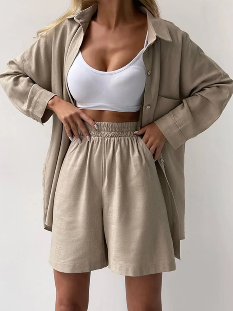 

Summer Women's Suit Shirt and Short Sets Solid Color Casual Cotton and Linen Blouse and Shorts Two Piece Sets Women Outfit 2023