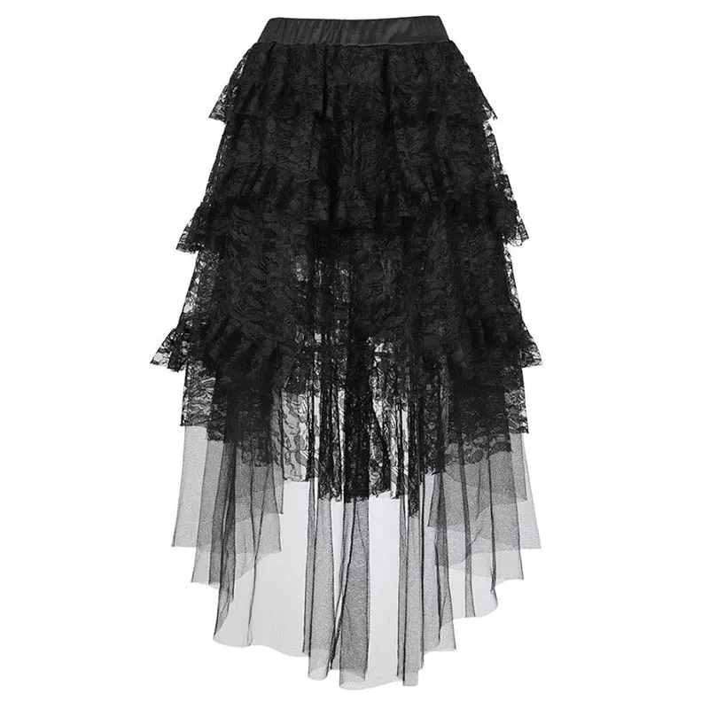 

Women Sexy Lace Layered Pleated Skirt Asymmetrical High Low Ruffle Tulle Steampunk Long Skirt Black Plus Size S-6XL