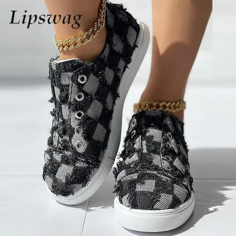 

Туфли женские с низким вырезом, винтажные холщовые туфли-лодочки, пушистая ткань, бахрома, плоская подошва, клетчатые джинсовые кроссовки, п...