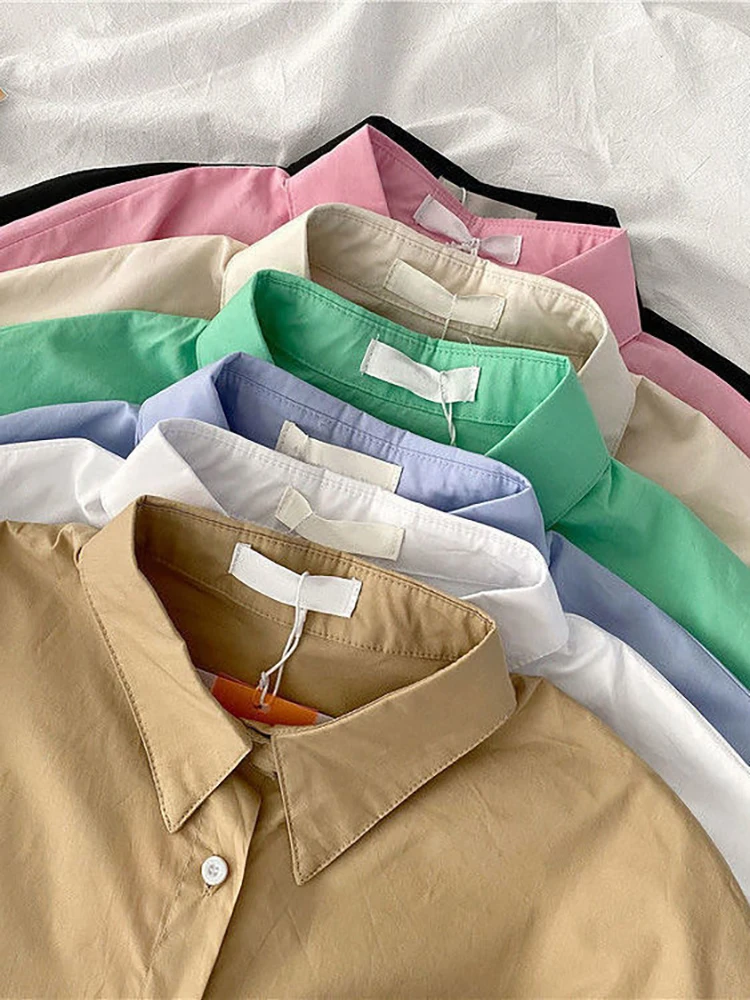 

Блузка женская однотонная на пуговицах, офисный Топ с длинным рукавом, модная повседневная универсальная рубашка в Корейском стиле