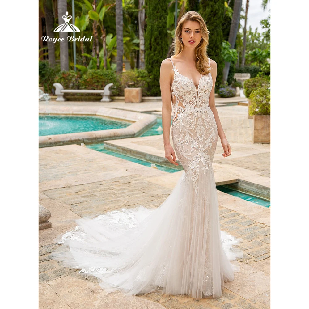 

Sexy Mermaid Wedding Dresses Spaghetti Straps V Neck Vestidos De Novia Appliques Lace Embroidered Floral Tulle Suknia Vestidos