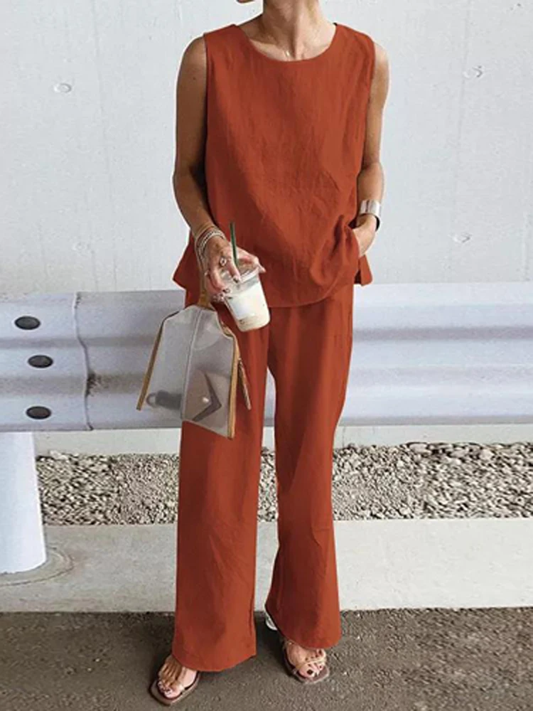 

Cotton Linen Breathable Streetwear Holiday Set Office Lady Solid Outfits O Neck Sleeveless Pullover Top+Long Pants Women 2 Piece