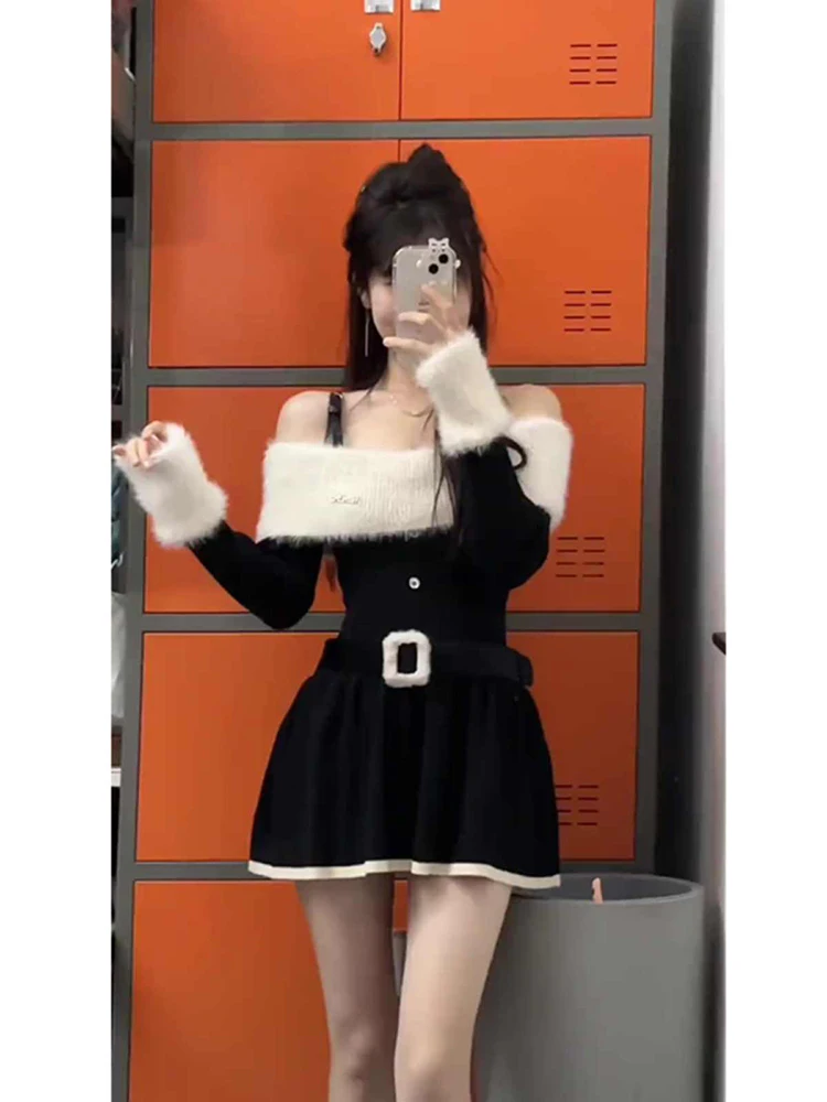 Yujie Sle Черное платье с открытыми плечами и длинными рукавами Женское