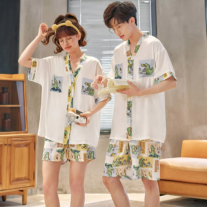 Couple Summer Pajama Sets Women Men Cartoon Dinosaur Korean Loose V-Neck Pyjama Home Clothes Sleepwear Silk Adult Loungewear