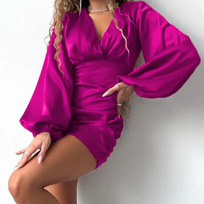 

Женское атласное мини-платье с V-образным вырезом, длинным рукавом-фонариком