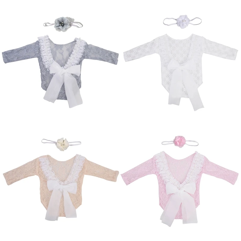 

Infant Jumpsuits Long Sleeves Romper & Headband Photo Props for Baby Girls Lace Shirt Photo Shooting Costume Party Props N1HB