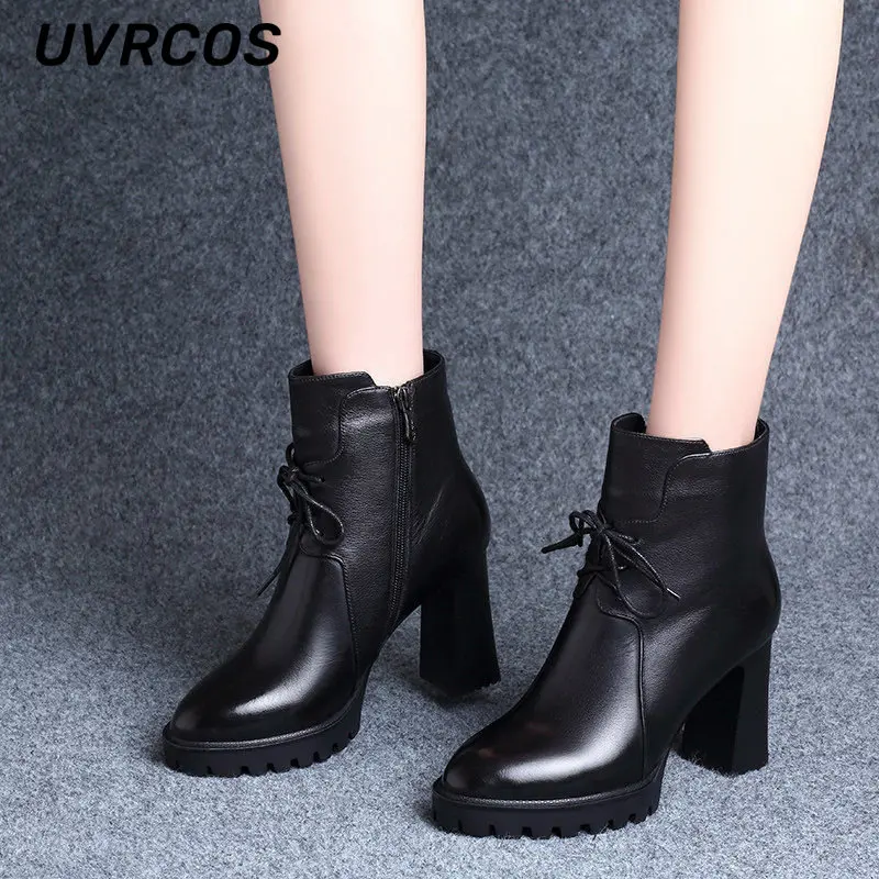 

Women Thick Heel Ankle Soft Leather Plus Velvet Pointed Toe Mid-tube High-heeled Motorcycle Chelsea Boots The New Listing Shoes