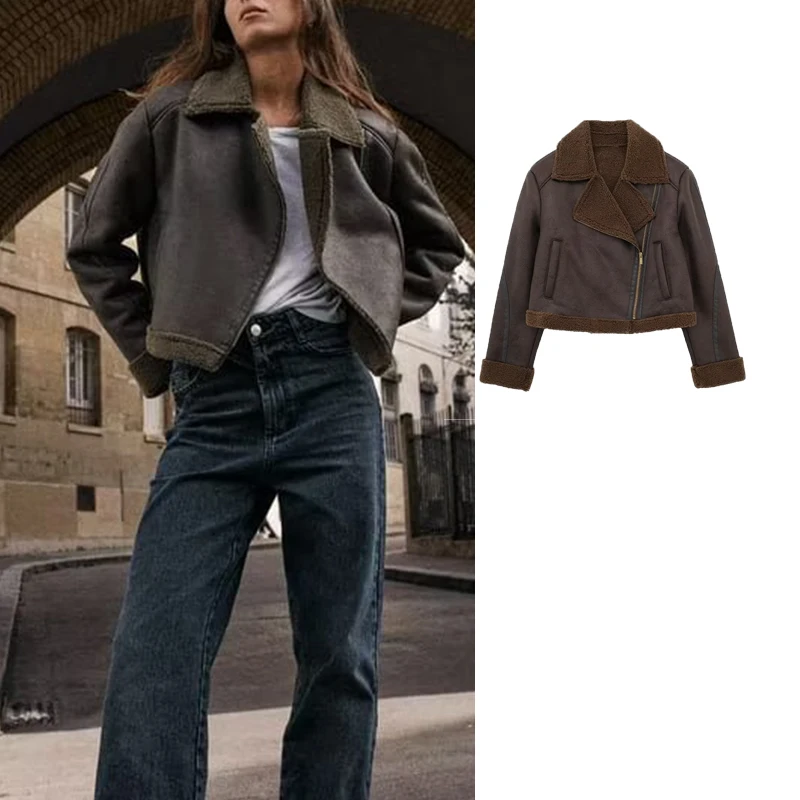 

Куртка женская укороченная из искусственной овчины, на молнии, с длинным рукавом