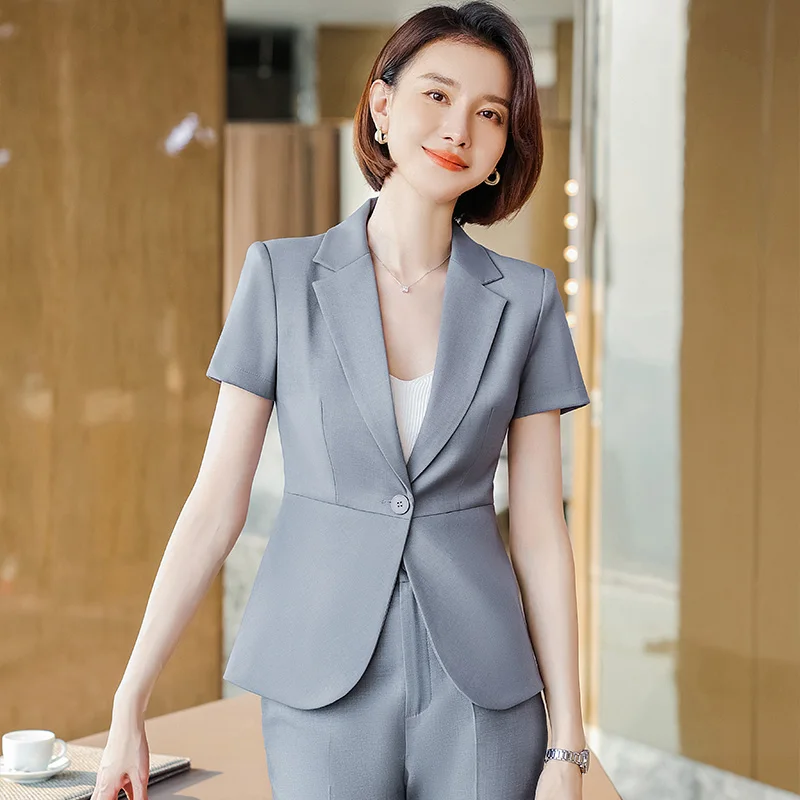 

Summer Grey Blazer Women Business Suits 2 Piece Pant and Jackets Sets Ladies Short Sleeve Work Uniform OL Styles