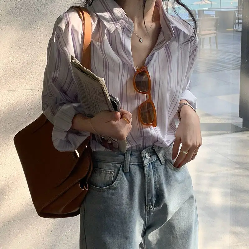 

Deeptown Women Striped Blouses Casual Korean Style Oversized Elegant Youth Female Tops Long Sleeve Shirts Office Ladies Chic