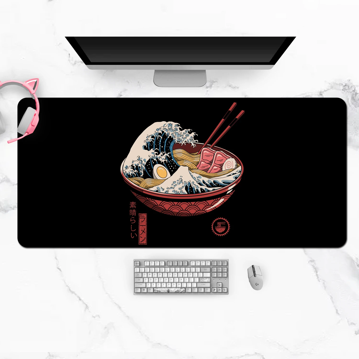 

Extra Large Kawaii Gaming Mouse Pad Black Great Wave Japanese Ramen XXL Desk Mat Water Proof Nonslip Laptop Desk Accessories