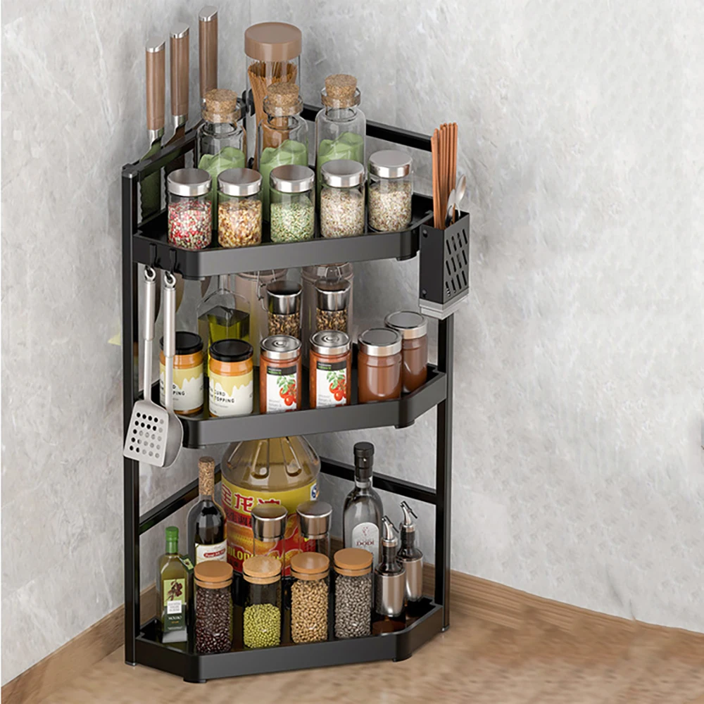 

3-layer Kitchen Corner Cabinet Shelf Organizer Load-bearing Countertop Triangle Spice Rack Chopstick Barrel Shelf