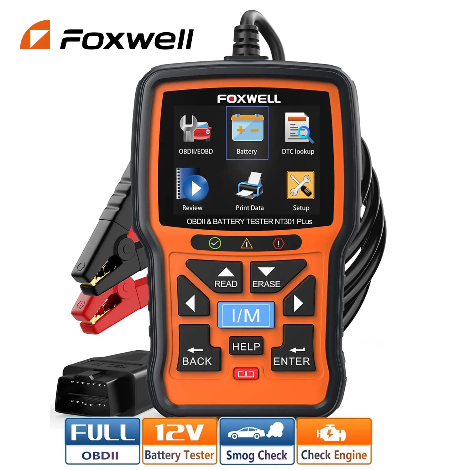 Тестер автомобильного аккумулятора FOXWELL NT301 Plus 12 В, сканер OBD2 2 в 1, считыватель кодов, диагностический инструмент для проверки двигателя OBD2, бесплатное обновление