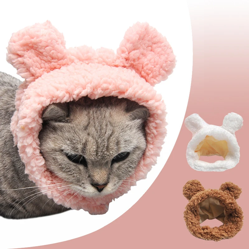 

Cute Bear Shaped Hat For Cat Christmas Protective Pet Dogs Cosplay Head Wear York Solid Color Winter Kitten Costume Accessories