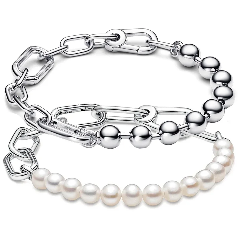 

ME Metal Bead & Freshwater Cultured Pearl Link Chain Bracelet 925 Sterling Silver Bangle Fit Europe Bead Charm DIY Jewelry
