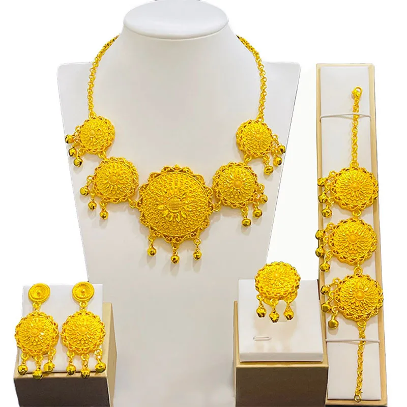 

Dubai 24K Gold Plated Bridal Necklace Bracelet Earring Ring Ladies Four Piece CHD20979