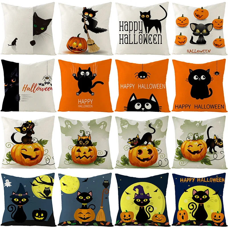 

New Halloween Decorative Cushion Cover Cartoon Black Cat Pumpkin Moon Printing Throw Pillowcase Mischief Linen Pillow Cover