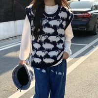 women casual all match loose basic sleeveless tops animal sheep pattern college style knitted female sweaters vests waistcoats