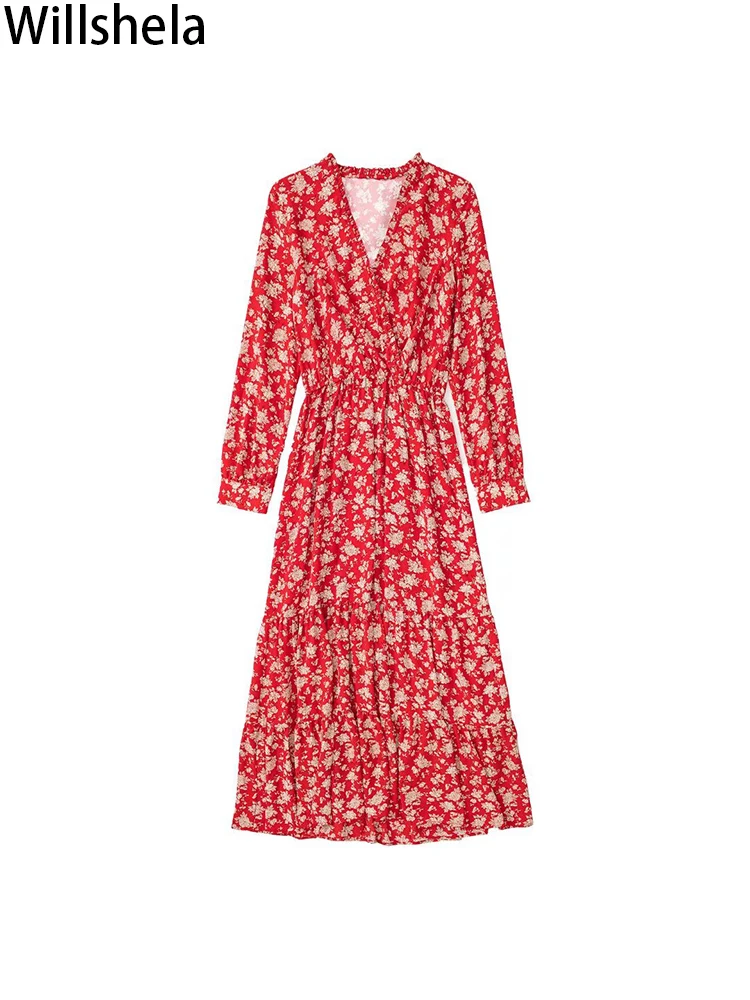 

Willshela женское модное платье средней длины в стиле пэчворк с цветочным принтом винтажное платье с длинными рукавами и v-образным вырезом