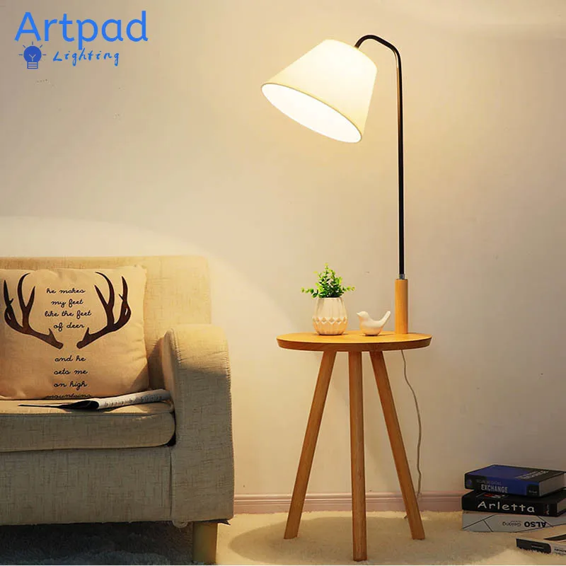 

Artpad Modern Farbic Lampshade Floor Lamp with Wood Table Nordic Standard Lamp E27 Foyer Study Bedroom Hotel Lighting Fixture