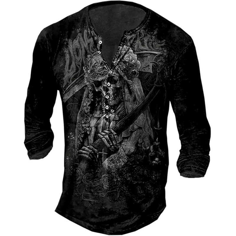 

Autumn button V-neck Henry shirt 3d Men's Skull Long Sleeve Men's Super Hip Hop Shirt Men's Punk Street Wear 5XL Men's Wear