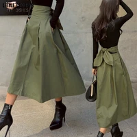 womens korean fashion solid big swing ladies pockets skirt long bow 2022 autumn spring high waist bow black khaki green skirt