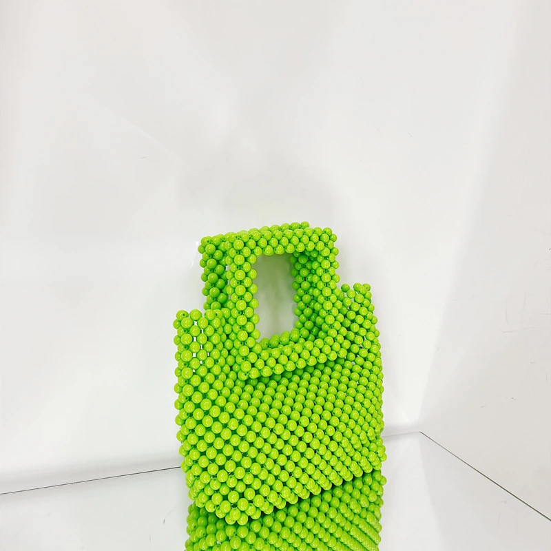 

Green Pearl Beaded Bag Portable Hand-Carrying Vegetable Basket Bucket Bag Geometric Square Weave Vintage Women's Bag