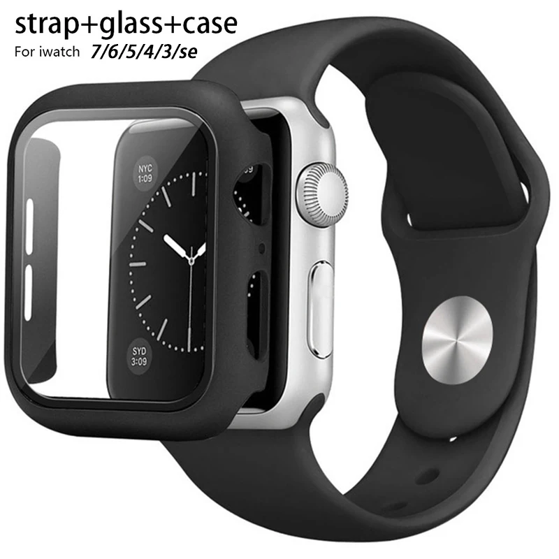

Glass+Case+Strap for Apple Watch Band 41mm 45mm 44mm 40mm 38/42mm Silicone watchband bracelet correa IWatch Series 7 6 SE 5 3 4