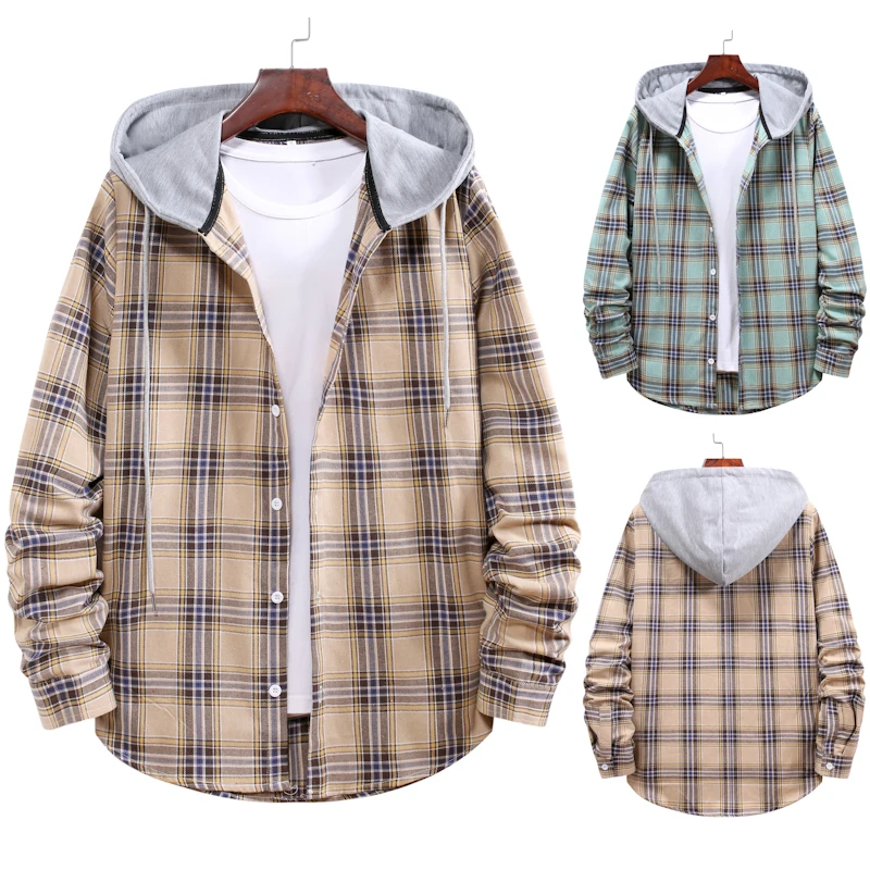 

Spring Autumn 2022 New Foreign Trade European Size Men's Couple Hooded Plaid Shirts Youth Shirt Mens Fashion Clothing Trends