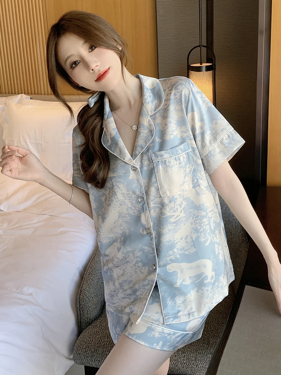 Summer new ice silk country tide print cardigan short-sleeved pajamas women's summer comfortable silk home service hairband